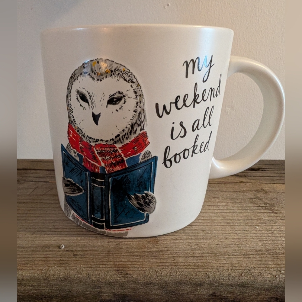 Indigo White Mug with Owl and Book Design